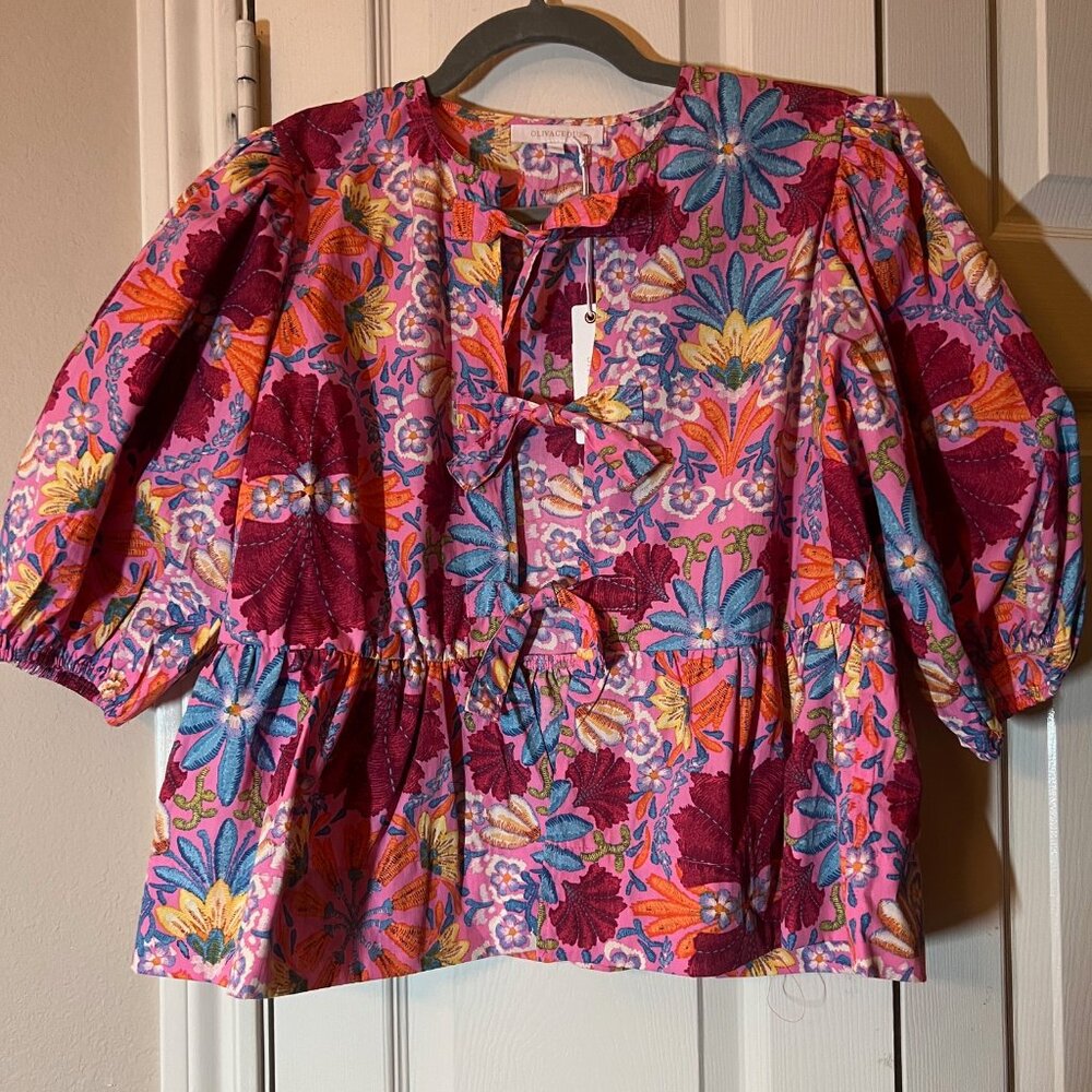 NWT Women's Olivaceous Floral Tie-Front Peplum Blouse - Size Medium